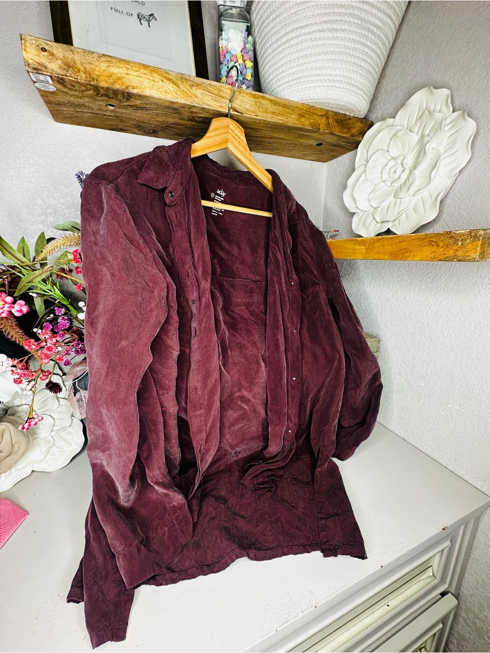 ADAY Something Luxe Button Down • Maroon • Sz M - Picture 2 of 4